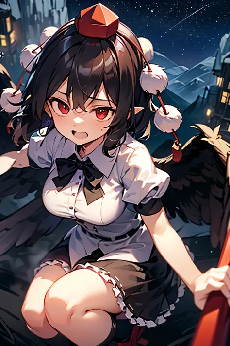 Aya Shameimaru(touhou) Karasutengu Dusk Take the night past midnight
Flying through the night sky
The wind Dredging the ground, rolling through Nobe to his mountain
If there is a laughing gate, double return
With wings that bear disaster on their bl...