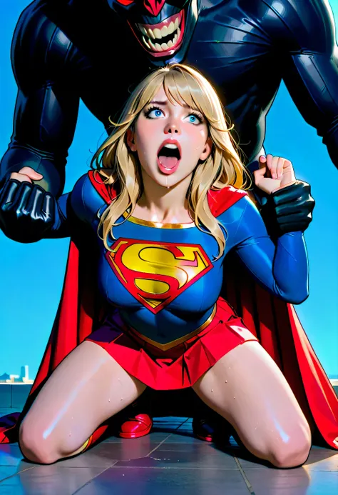 Melissa Benoist as Supergirl, she is defeated from fighting with a huge body devil, screaming in pain, she is kneeling and sexual assault by the devil, the devil is harassing her and rape her hardly, 