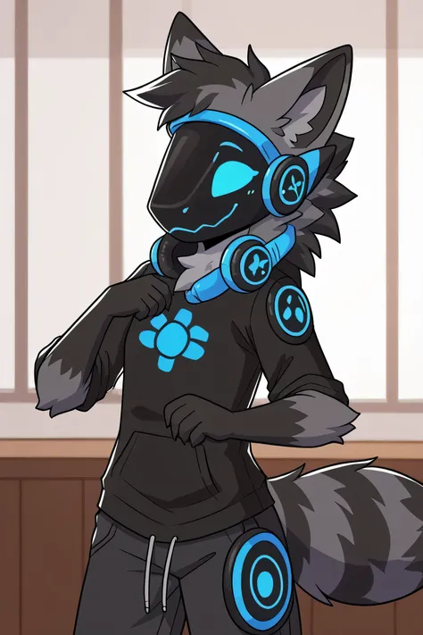 furson, Fusrona, protogen, raccoon, eyes, eyes silhouette, high, Charcoal gray fur with a characteristic black "Mascara" around her eyes, Inside of the ears and silvery-white belly, Large, fluffy tail with dark gray stripes, Blue-gray eyes that shine sligh...