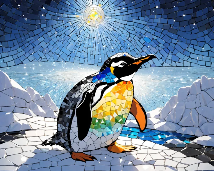 Radiant Mosaicスタイル、 best quality, Portrait of a cute mosaic-like penguin ,A penguin wearing a crown、Antarctica、auroras can be seen in the sky、Radiant Mosaic :1.2, Capturing the Moon:0.8, Inject warmth and energy into a space like shards of glass:0.4 Flash...