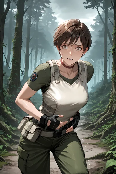 rbchm, brown hair, short hair, brown eyes, stud earrings, red choker, white vest, green shirt, short sleeves, belt, belt pouch, fingerless gloves, black gloves, green pants, cargo pants, half body shot,
Solo, general, masterpiece, highres, ultra-detailed, ...