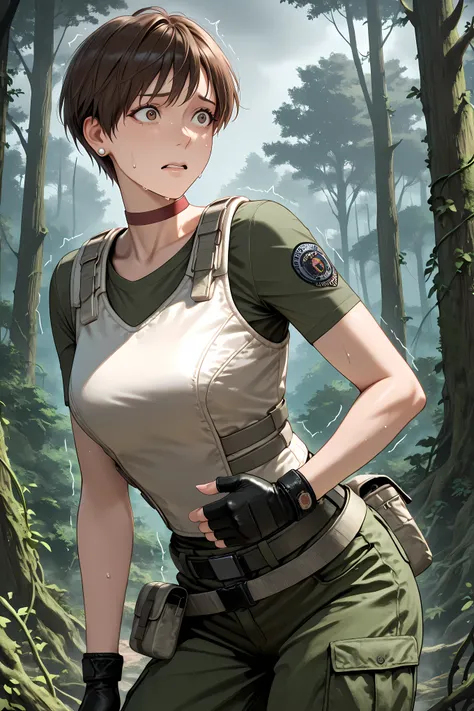 rbchm, brown hair, short hair, brown eyes, stud earrings, red choker, white vest, green shirt, short sleeves, belt, belt pouch, fingerless gloves, black gloves, green pants, cargo pants, half body shot,
Solo, general, masterpiece, highres, ultra-detailed, ...
