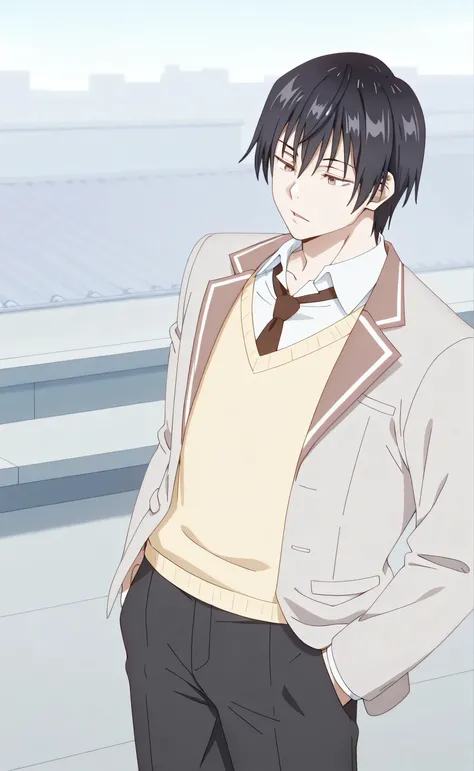 1male,solo,Touji Fushiguro,black hair,brown eyes,grim,beige blazer,white shirt,dark-brown necktie,yellow sweater-vest,black pants,muscle,hand in pocket,lazy,rooftop,Tokidoki Bosotto Russia go De Dereru Tonari No Alya san [Anime style]