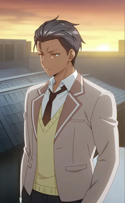 1male,solo,black hair,short hair,slicked back hair,under-cut hair,amber eyes,grim,tan skin,beige blazer,white shirt,yellow sweater-vest,dark-brown necktie,black pants,muscle,sunset,rooftop,Tokidoki Bosotto Russia go De Dereru Tonari No Alya san Anime style