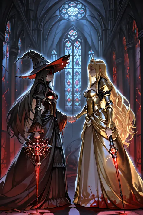 Highest Quality, masterpiece, super high resolution, {2 women, Dark Fantasy, Shaking hands, Blonde Princess, Luxurious Dress with Blood Stains, Tiara,  Return Blood, Black Witch, Pointed Hat, magic stick, Bloody Castle Hallway, Moonlight Window, stained gl...