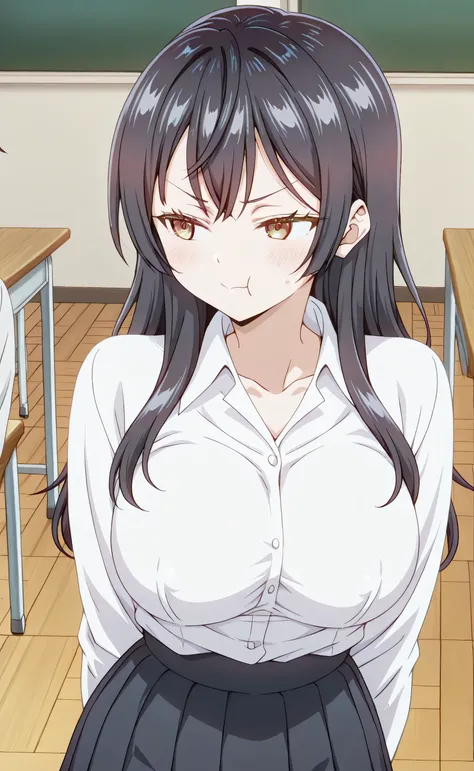 1male,solo,Anna Yamada,long hair,amber eyes,cranky face,white dress shirt,navy blue skirt,big boobs,classroom,school,Tokidoki Bosotto Russia go De Dereru Tonari No Alya san Anime style