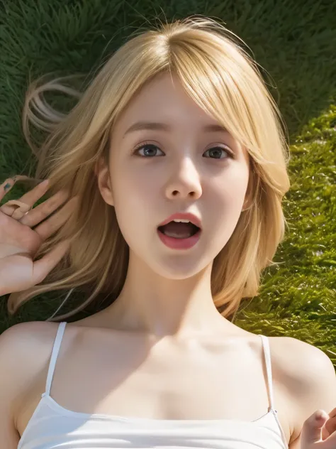 on the lawn。Lying on your back。 (Blonde:1.4)。(Spread Your Hands:1.3)。flat chest, white tube top。Open your mouth。 Face-to-Face、shot from above。looks at the camera。Anatomically Correct Body。