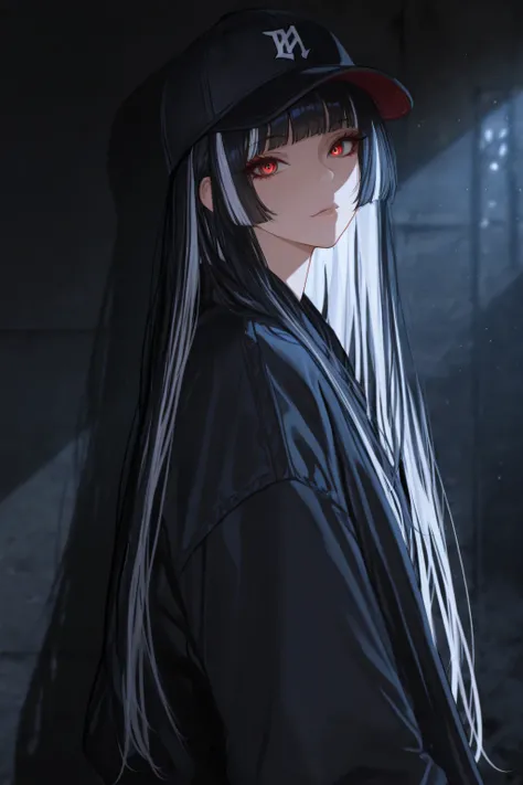 masterpiece, best quality, amazing quality, very aesthetic, high resolution, ultra-detailed, absurdres, newest, 1girl, baseball cap, hime cut, long hair, black hair, white hair streaked hair, looking at viewer, sharp shadow, cinematic lighting, volumetric ...