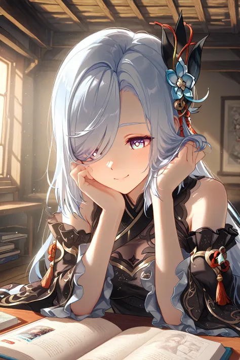1 girl, from Shenhe (Genshin Impact ), Shenhe's New Year clothes, black dress, hair on one eye, long hair, hair accessories, independent sleeves, in the attic, select books, high detail, contrast, ray tracing, best lighting, film composition, beautiful fac...