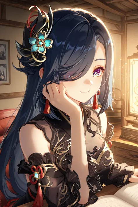 1 girl, from Shenhe (Genshin Impact ), Shenhe's New Year clothes, black dress, hair on one eye, long hair, hair accessories, independent sleeves, in the attic, select books, high detail, contrast, ray tracing, best lighting, film composition, beautiful fac...