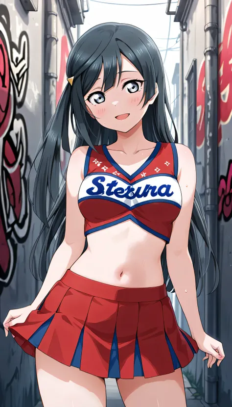 An image of Yuki Setsuna , Dressed like a blue cheerleader , thin waist, graffiti alley