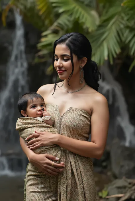 Indian fashion model Kajal Agarwal posed erotic in a lush with his cute little new born baby with waterfall setting, her sexy plus size, voluptuous figure accentuated in a delicate, wearing a sexy revealing strapless tube blouse and bottom dhoti exposing ...