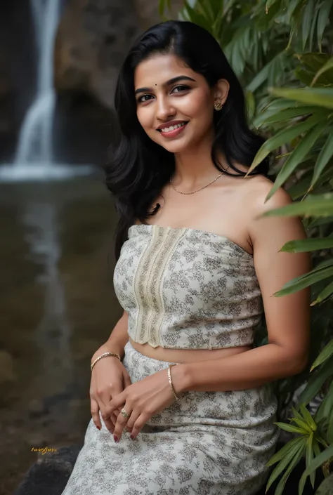 Indian fashion model Kajal Agarwal posed erotic in a lush with his cute little new born baby with waterfall setting, her sexy plus size, voluptuous figure accentuated in a delicate, wearing a sexy revealing strapless tube blouse and bottom dhoti exposing ...