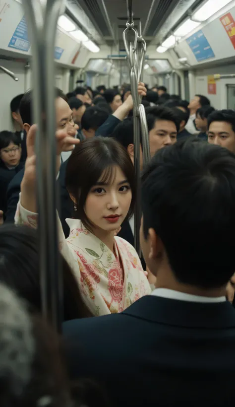 Inside a crowded subway car during rush hour, the heat and stifling air feel almost tangible. A beautiful, short-haired Japanese woman in a kimono stands amidst the dense crowd, one hand clutching the overhead railing. Her body is squeezed tightly between ...