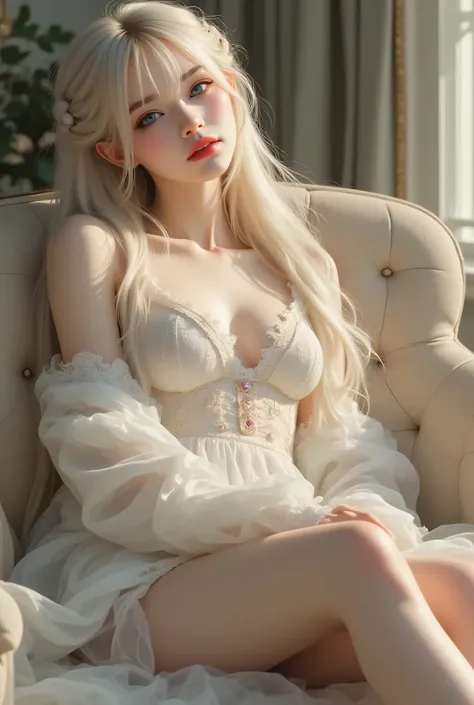 ((Highest Quality、masterpiece、high sensitivity、high resolution、detailed description、Delicate Facial Expression、long legs、girl lying on sofa、((Highest Quality、masterpiece、high sensitivity、high resolution、Detailed Explanation、Delicate Expression、F value :6.0...