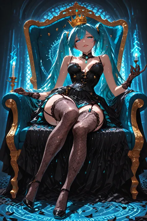 high quality, masterpiece, ultra detailed, 1 girl, Hatsune Miku, long loose and disheveled turquoise hair, seductive turquoise eyes, Rebel princess, provocative and playful expression, slanted crown, princess dress revealing, pronounced neckline showing ab...