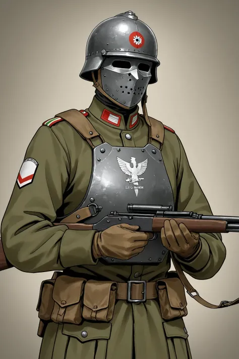 An Italian soldier, member of the scary and the devastating events of World War II, metal mask in his characteristic olive uniform attire, is a sturdy man, with a rifle in his hands, mask, which is a powerful weapon, that was an integral part of his milita...