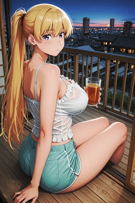Arato Nagi,Highest Quality、high image quality、big boobs、masterpiece、Evening sky、end of summer、(A girl cooling down at night on the veranda where a cool breeze blows through:1.3)、Throw your legs out lightly、Sitting on a veranda chair or rug like a veranda、I...