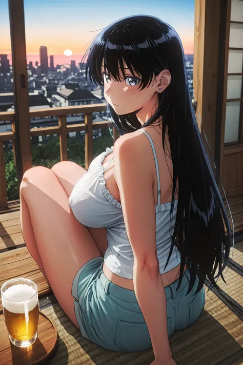 Arato Nagi,Highest Quality、high image quality、big boobs、masterpiece、long black hair、Evening sky、end of summer、(A girl cooling down at night on the veranda where a cool breeze blows through:1.3)、Throw your legs out lightly、Sitting on a veranda chair or rug ...
