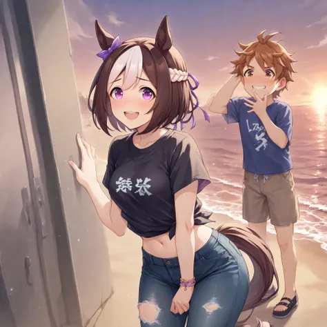 anime, lazypos, masterpiece, best quality, amazing quality, at beach, 1girl, looking at younger boy, nervous smile, embarrassed, special week \(umamusume\) horse girl, horse ears, pink eyes, two-tone hair, brown hair, purple bow, ear bow, braid, black shoe...