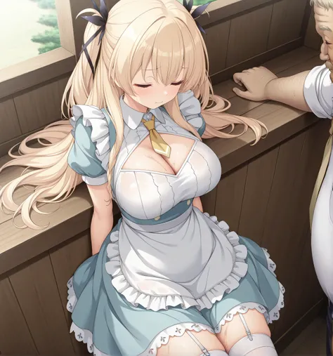 masterpiece, best quality, highres, scenery, newest, 1girl, official style, ren, blonde hair, closed eyes, passed out, lay down, two side up, hair_ribbon, large breasts, body wet, light blue maid dress, frillls, puffy sleeves, white collared shirt, cleava...