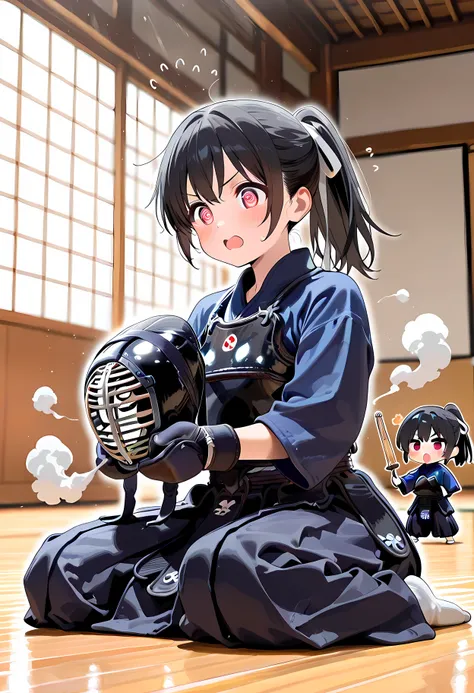 score_9, score_8_superior, score_7_superior, masterpiece, best quality, absurdres, high_fidelity, vibrant, sauce_anime, rating_safe, Adorable, 1girl, short stack, (chibi:1.2), black hair, ponytail, kendo-gear, kendo uniform, hakama, armor, gloves, @_@, wav...