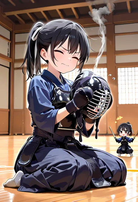 score_9, score_8_superior, score_7_superior, masterpiece, best quality, absurdres, high_fidelity, vibrant, sauce_anime, rating_safe, Adorable, 1girl, short stack, (chibi:1.2), black hair, ponytail, kendo-gear, kendo uniform, hakama, armor, gloves, wince, w...
