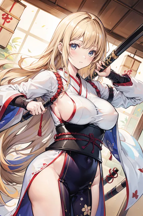 High-definition realistic comic style,An idiot girl in the Kendo club that is delicate and meticulous,Long hair flying,with a naive expression,wielding a bamboo sword,Wear a white uniform,The background is a traditional Japanese dojo,The sun shines on it,c...