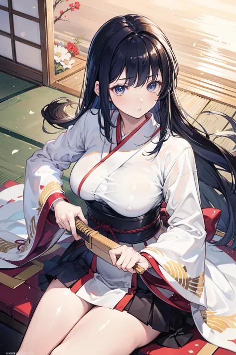 High-definition realistic comic style,An idiot girl in the Kendo club that is delicate and meticulous,Long hair flying,with a naive expression,wielding a bamboo sword,Wear a white uniform,The background is a traditional Japanese dojo,The sun shines on it,c...