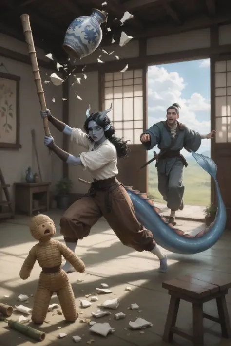 Kedra, a woman with blue-gray skin (with a very long thick dragon tail settling on the floor), with small horns on her head, in medieval brown leather pants and a light medieval white shirt. She swings a long bamboo stick in a dynamic pose - the sinai stre...