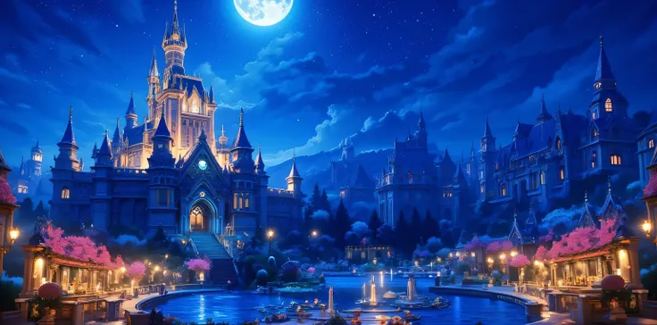 (((masterpiece:1.5、Highest Quality、high resolution:1.3、Super-resolution、Super Detailed、Super Detailed:1.3))) gothic architecture、A beautiful temple-like castle like the Parthenon、Night Sky、columns and stone statues like the Parthenon、丘の上にis standing城、There...