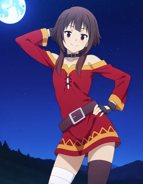 megumin, short hair, black hair, red eyes, short hair with long locks, mature female, small breasts, anime screencap, thighhighs, gloves, dress, black gloves, belt, black thighhighs, fingerless gloves, collar, bandages, red dress, single thighhigh, asymmet...