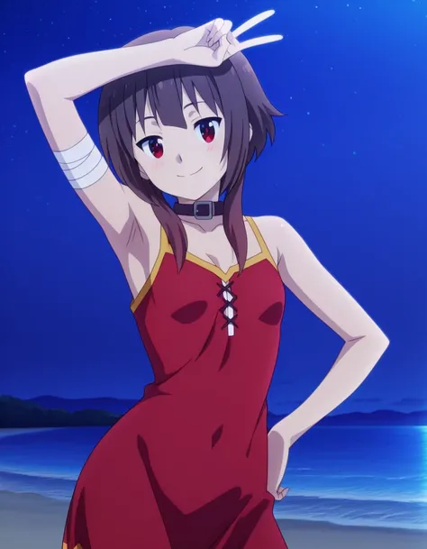 megumin, short hair, black hair, red eyes, short hair with long locks, mature female, small breasts, anime screencap, sleeveless, collar, bandages, red dress, high quality, solo, night sky, beach, <lora:spread-armpit-illustriousxl-lora-nochekaiser:1>, spre...