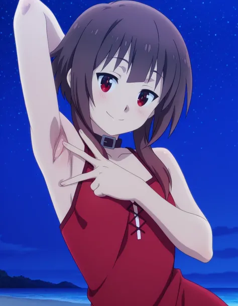 megumin, short hair, black hair, red eyes, short hair with long locks, mature female, small breasts, anime screencap, sleeveless, collar, red dress, high quality, solo, night sky, beach, <lora:spread-armpit-illustriousxl-lora-nochekaiser:1>, spread armpit,...
