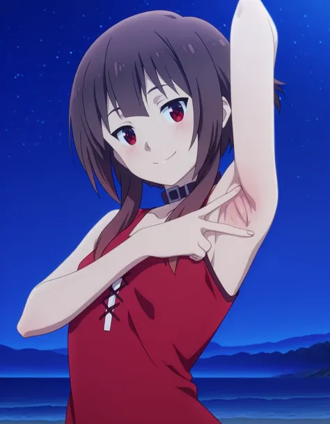 megumin, short hair, black hair, red eyes, short hair with long locks, mature female, small breasts, anime screencap, sleeveless, collar, red dress, high quality, solo, night sky, beach, <lora:spread-armpit-illustriousxl-lora-nochekaiser:1>, spread armpit,...