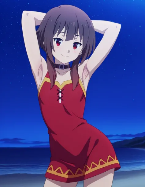 megumin, short hair, black hair, red eyes, short hair with long locks, mature female, small breasts, anime screencap, sleeveless, collar, red dress, high quality, solo, night sky, beach, <lora:spread-armpit-illustriousxl-lora-nochekaiser:1>, spread armpit,...