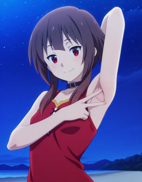 megumin, short hair, black hair, red eyes, short hair with long locks, mature female, small breasts, anime screencap, sleeveless, collar, red dress, high quality, solo, night sky, beach, <lora:spread-armpit-illustriousxl-lora-nochekaiser:1>, spread armpit,...