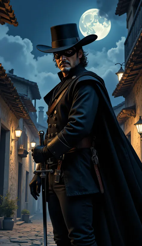 Pedro Pascal as Zorro, traditional black costume, wide-brimmed hat, black mask, flowing cape, stands heroically, rapier sword in hand, ready for action, dramatic moonlit Spanish colonial town, tiled rooftops, stone walls, lanterns casting warm light, inten...