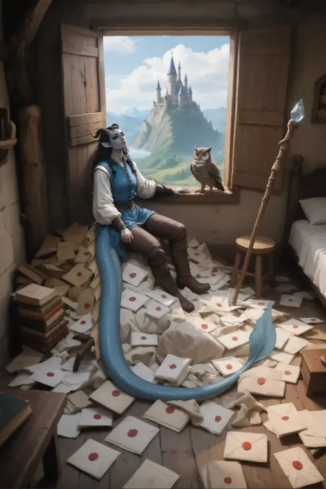 Vertical view from above A woman lies under the rubble of letters (with a blue-gray) leather in a light medieval white shirt. sits against the shutter of a wooden medieval window, looking out of a huge mountain of letters with surprise on its face and half...