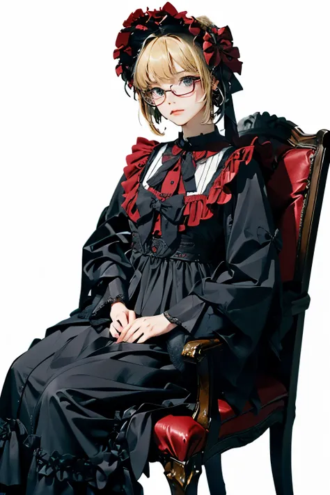 ((Best Quality)), ((傑Best Quality、masterpiece、high sensitivity、high resolution、detailed description、delicate face depiction)),((Slender Woman、wearing glasses)),Gothic Lolita、sitting on a chair、
