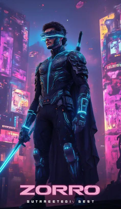 Pedro Pascal as Zorro, cyberpunk setting, wears a sleek black futuristic suit, neon blue glowing lines, digital visor mask, holographic cape, sword is a glowing neon katana, stands, on a rooftop, overlooking a neon-lit megacity, holographic billboards, fly...
