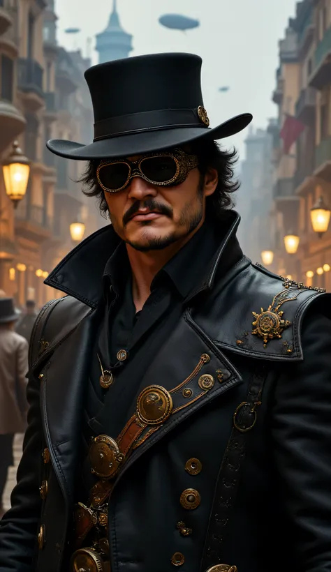Pedro Pascal as Zorro, steampunk style, wears black leather coat, brass gears, clockwork details, wide-brimmed hat, steampunk goggles, mask is reinforced with metallic accents, his rapier is redesigned as a mechanical sword with glowing copper engravings, ...