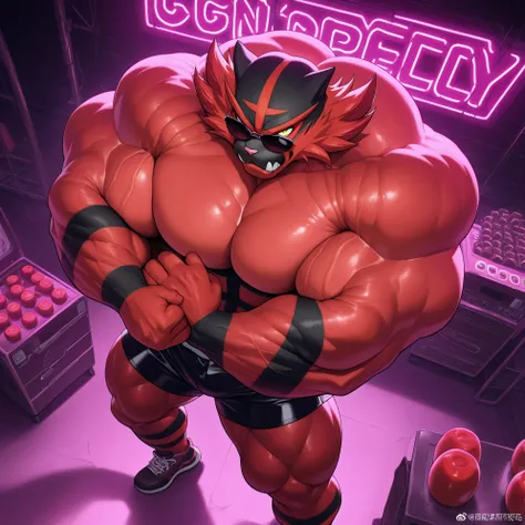Alone, incineroar, big muscles, thick legs, muscular arms, Looking at the viewer, Black leather small shorts, Very detailed, masterpiece, great quality, crossing arms, bara, red body, Big pecs, daddy, angry, six pack, Big biceps, neon lights, sunglasses, h...