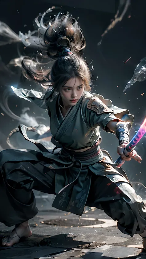 Task: Create a masterful ultra-high-definition sci-fi portrait of a beginner kendoka (pemula kendo) practicing kendo, while gently preserving Luffy’s identity
Subject: Beginner kendoka in a combat-ready pose, Luffy’s identity subtly present (iconic straw h...