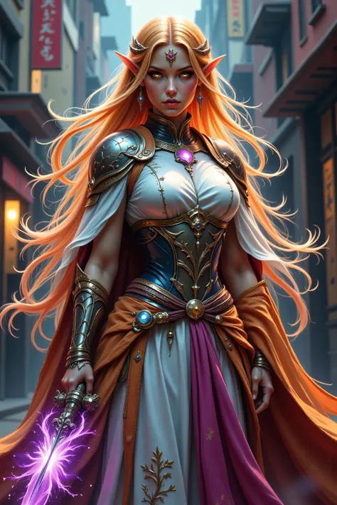 zavy-dtlnm,FntsyPstlCE style,Colorful,a portrait of a female elf (intense details, Masterpiece, best quality) fantasy cleric, fantasy celestial guardian, armed with a holy symbol, shinning holy symbol, metallic shine, an ultra wide shot, full body (intense...