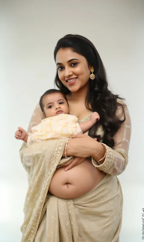 Full body photo portrait of beautiful indian , having big boobs ,1girl, with his cute little new born boy baby with Solo, High Resolution, Masterpiece, Accurate, Anatomically Correct, Award Winning, Best Quality, Damaged, Detail, HD, High Details, High Qua...