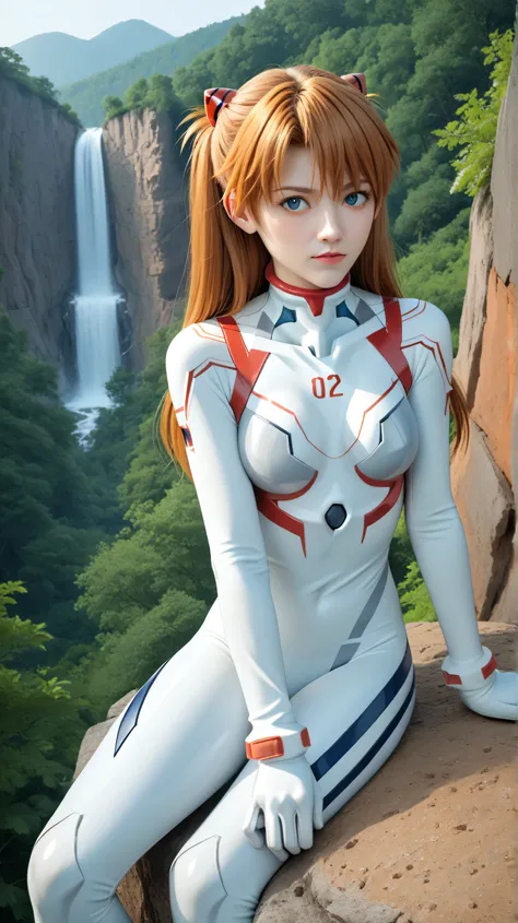 1girl, solo,asuka langley,blue eyes,orange hair,outdoors,potrait,forest,medium breast, navel,(cliff background:1.4),uder waterfall,(Bangs:1.3),(white bodysuit:1.5),parted bangs,close up,sitting on Boulder,long hair