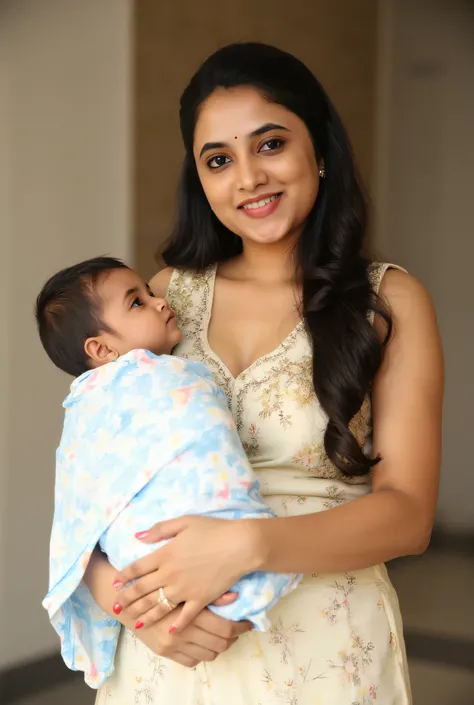 18;years old cute Full body photo portrait of beautiful indian , having small boobs ,1girl, with his cute little new born boy baby with Solo, High Resolution, Masterpiece, Accurate, Anatomically Correct, Award Winning, Best Quality, Damaged, Detail, HD, Hi...