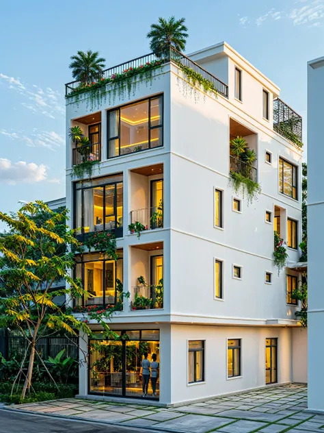 neo classical villa on street, tropical tree, vivid colour, streetcapes, black detail, white wall, large glass door, warm interior lighting, best quality,