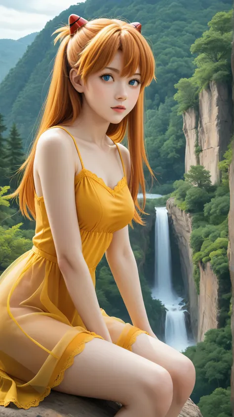 1girl, solo,asuka langley,blue eyes,orange hair,outdoors,potrait,forest,medium breast, navel,(cliff background:1.4),uder waterfall,(Bangs:1.3),(sheer yellow dress:1.5),parted bangs,,sitting on Boulder,long hair,close up